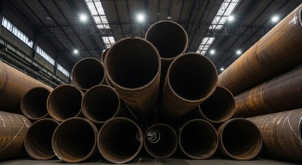 Large industrial steel pipes stacked in warehouse under bright lights