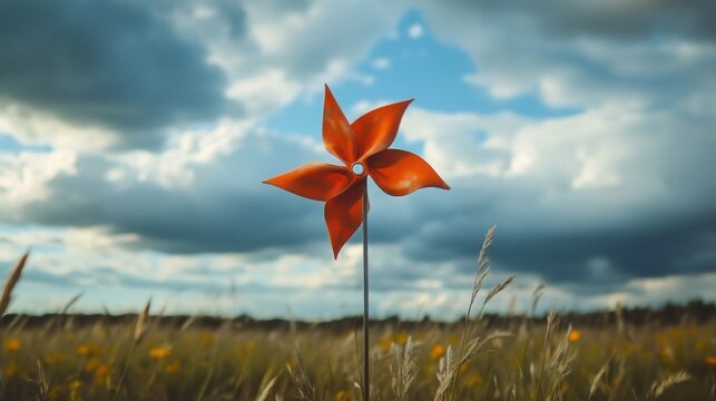 A single, vibrant orange pinwheel stands tall in a field under a dramatic sky