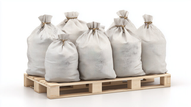 stack of white industrial bags filled with sand and aggregate building materials isolated on white background