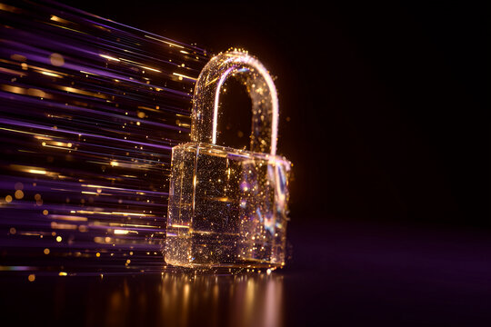 Quantum encryption visualization with glowing crystalline padlock and qubits on dark purple background