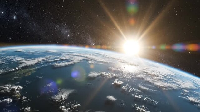 Sun rising over planet Earth from space with visible stars