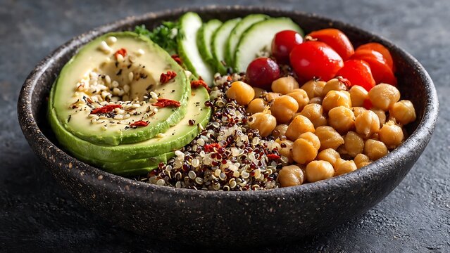 healthy quinoa bowl with fresh vegetables and avocado