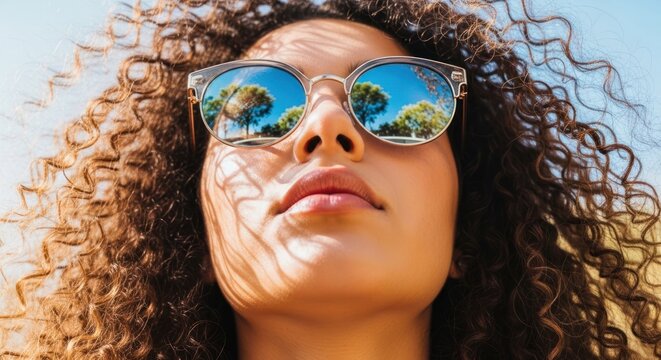 Woman with curly hair wearing sunglasses reflecting trees and sky.