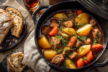 top view of hearty lamb irish stew with potatoes and carrots in cast iron pot on cottage table