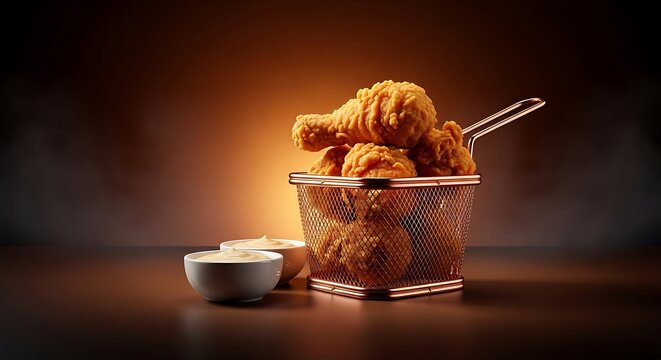Crispy fried chicken pieces in a golden wire basket with dipping sauce on a dark background with warm lighting