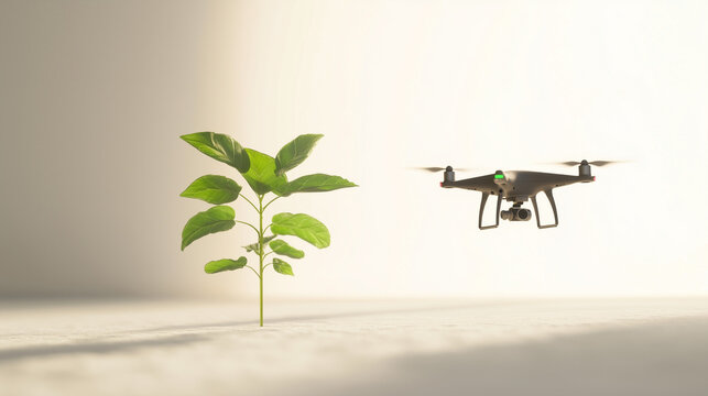 Professional agriculture drone hovering near small green plant, agritech and precision farming concept on bright studio background, generative AI