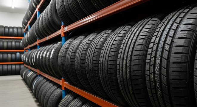 Car tires neatly stacked on metal shelves in warehouse