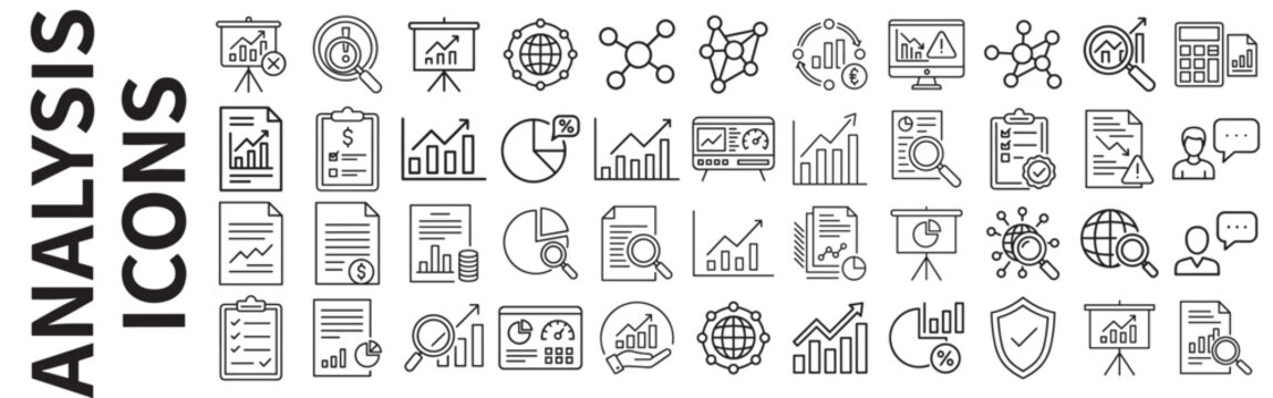 Business data analysis icons set with charts, graphs, reports, finance growth diagrams and dashboard elements on transparent background