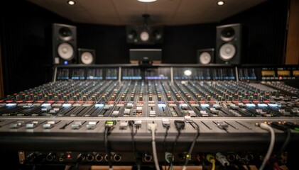 Fototapeta premium Detailed view of a mixing board with illuminated objectbased channels foreground sharp and 3D speaker layouts for drama productions gracefully blurred behind.