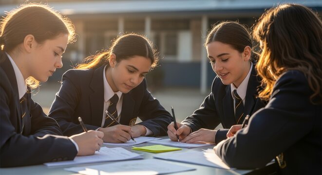 Teenage students collaborating on school project outside