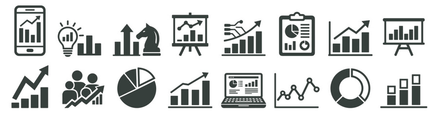 business statistics icon set with charts, graphs, analytics dashboard and financial data report vector illustration collection on transparent background
