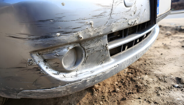 Silver car bumper shows many deep scratches and dirt from a road incident. The paint is marred, revealing damage. This shows need for auto body repair work