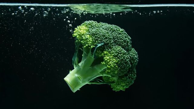 Fresh green broccoli head submerged in clear water with bubbles against a dark background.
