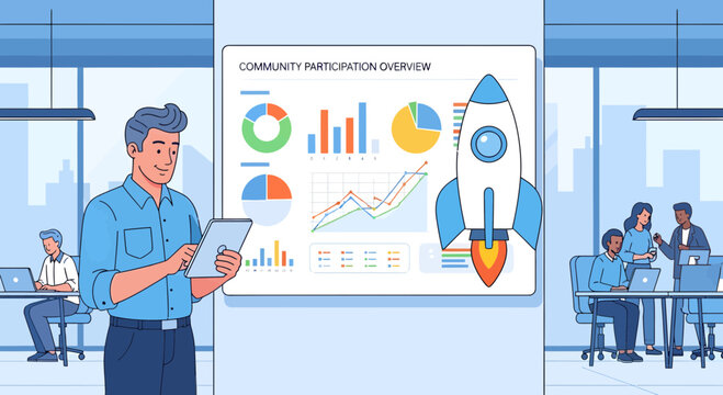 Man presenting business growth strategy with rocket launch graphic.