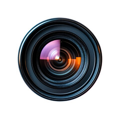 Close-Up View of a Professional Camera Lens with Colorful Reflection