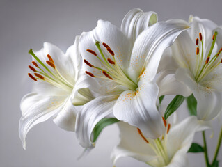 Fototapeta premium Elegant white lilies with vibrant orange pollen-covered stamens blooming gracefully against a soft gray background perfect for floral and nature themes