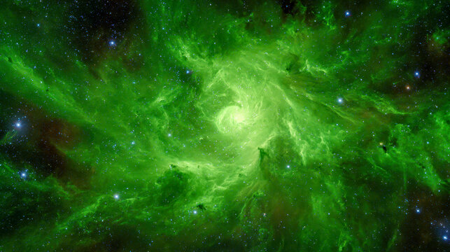 Stunning vibrant green spiral galaxy with swirling cosmic clouds and bright stars illuminating the vast depths of outer space in a mesmerizing celestial scene
