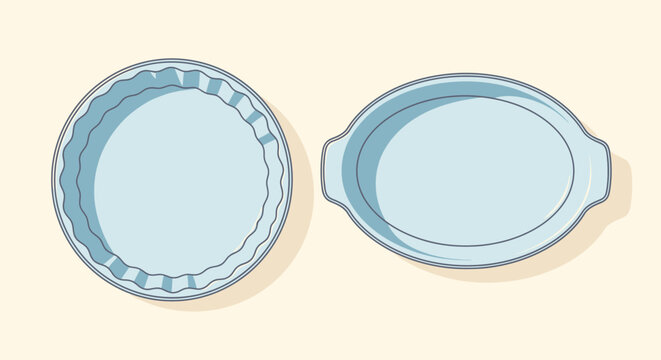 Top view of empty ceramic pie and oval baking dishes on white background.