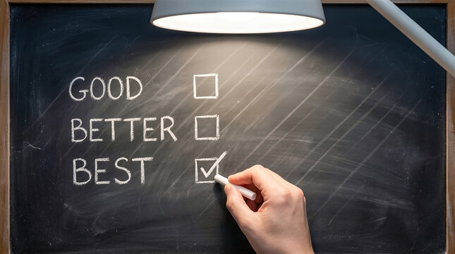 Hand checking best option on chalkboard with good better best written in chalk under hanging lamp light