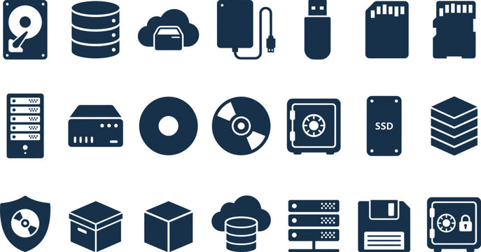 Collection of stylized dark blue icons representing various digital storage media and data security concepts.