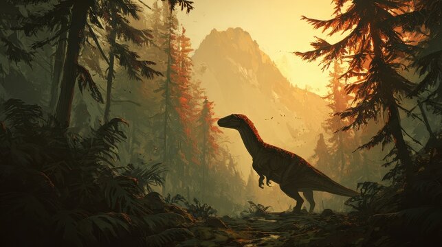 Towering theropod dinosaur in a lush Jurassic forest at sunset