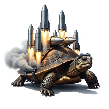 A turtle with rockets attached to its shell is ready for liftoff on a white background