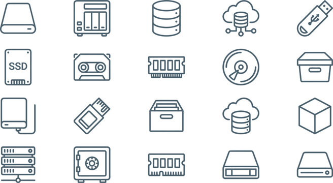 A comprehensive collection of digital data storage and computing hardware technology line icons.