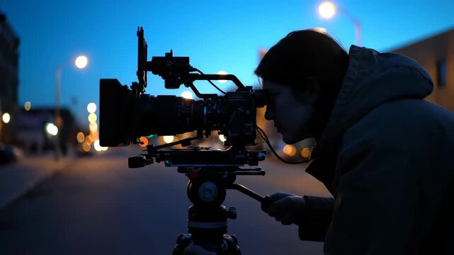 A focused filmmaker in silhouette operates a professional video camera on a tripod, shooting a cinematic scene on a dark urban street at dusk.