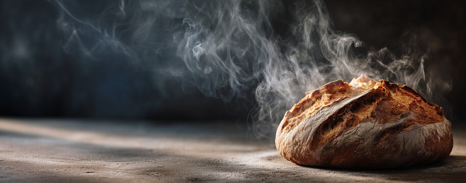 steaming sourdough loaf dark background