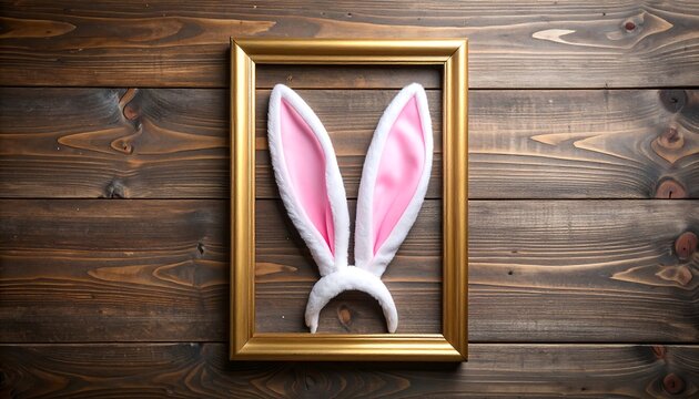 An Easter-themed setup featuring fluffy white and pink rabbit ears inside a decorative, golden frame, placed against a wooden background