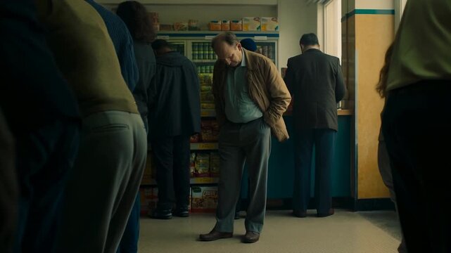 Man In Store Reflects Loneliness. Solitary Figure Amidst Lively Retail Setting Appears Contemplative