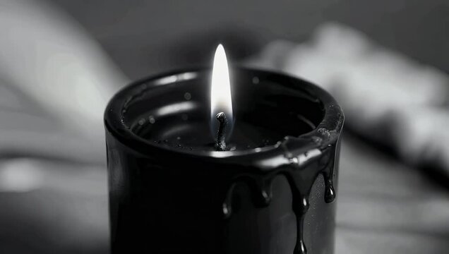 Minimalist black and white cinematography of single lit candle featuring steady flame and smooth melting wax textures high contrast artistic composition