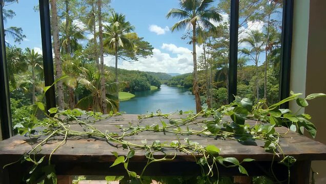 Stunning 4K motion wallpaper of desk overgrown with lush plants and vines with window view of towering jungle trees and winding river creating high quality biophilic background animation