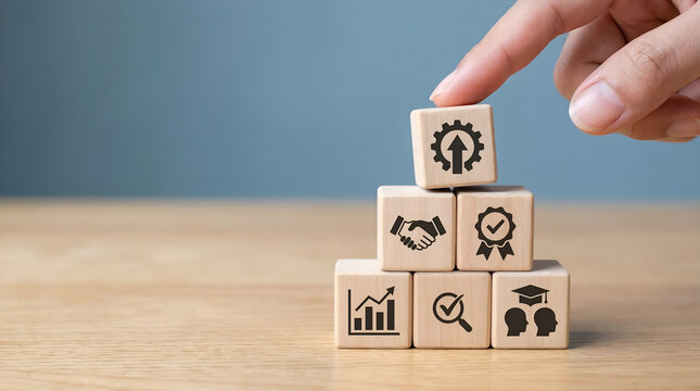 Hand placing a gear icon cube on stacked blocks, representing strategic business development, continuous improvement, quality assurance, and educational growth for business success