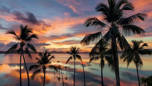 Serene 4K sunset painting of tranquil lake with silhouetted palm trees capturing high quality colorful clouds and peaceful tropical atmosphere ultra HD