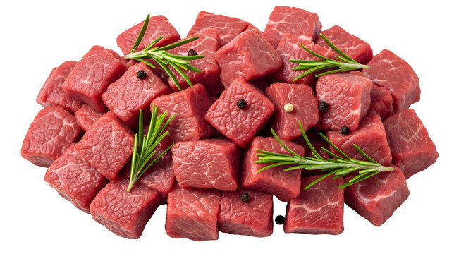 Raw beef cubes with rosemary and peppercorns, fresh diced red meat chunks for stew, uncooked steak pieces on white background