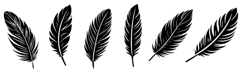 Obraz premium Black Feather Silhouettes Set, Collection of Different Bird Feathers for Tattoo and Design, Vector Wing Quill Icons Isolated on White