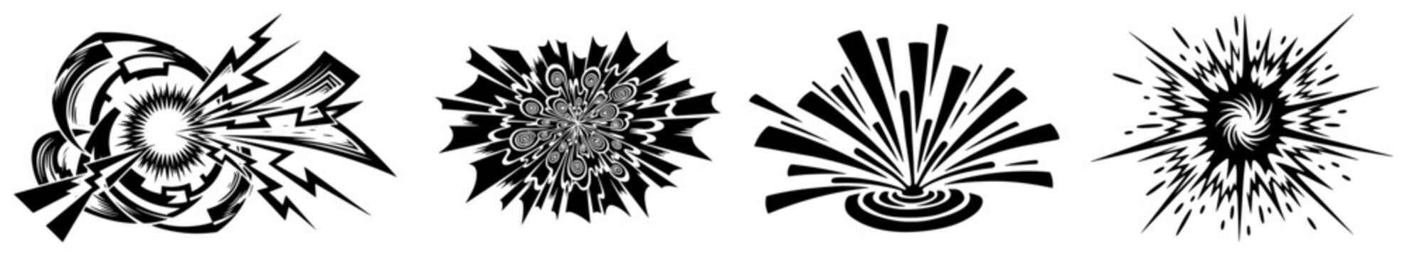 Abstract Energy Explosion Silhouettes Set, Cosmic Burst and Flash Symbols, Dynamic Boom and Star Effect Vector Illustrations