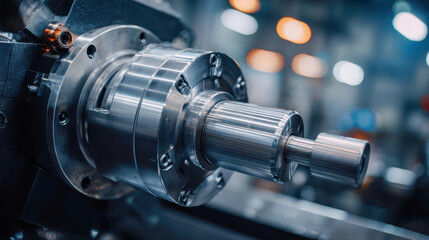 Fototapeta premium High-precision metalworking lathe machine tool producing a polished cylindrical component in a modern industrial manufacturing workshop environment