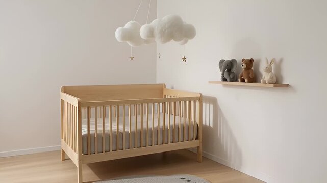 Cozy nursery with wooden crib, soft cloud decorations, and plush animal toys on shelf, featuring a bear-shaped rug on the wooden floor in a bright, inviting space