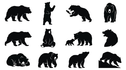 Fototapeta premium Collection of various bear silhouettes in different poses and actions.