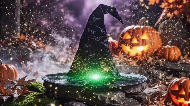 a black witch hat on a bubbling cauldron surrounded by jack o lanterns.