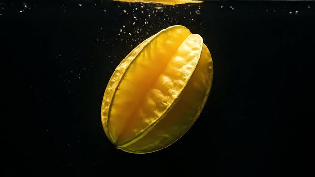 Vibrant yellow star fruit submerged in dark water with bubbles.