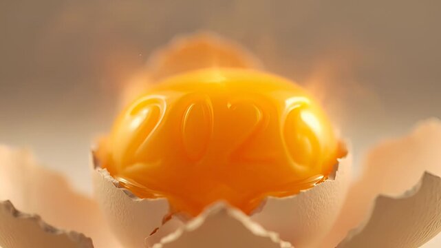 Egg shell cracking open to reveal a bright yellow yolk with the number 2026 embossed, symbolizing new beginnings and the arrival of a fresh year