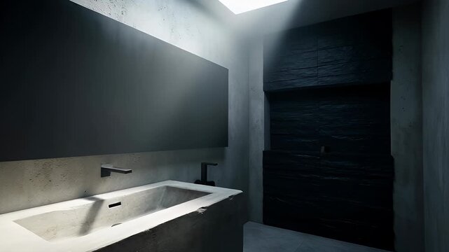 Modern bathroom interior with a minimalist concrete sink, wall-mounted faucet, and dark textured wall, illuminated by natural light from a skylight above