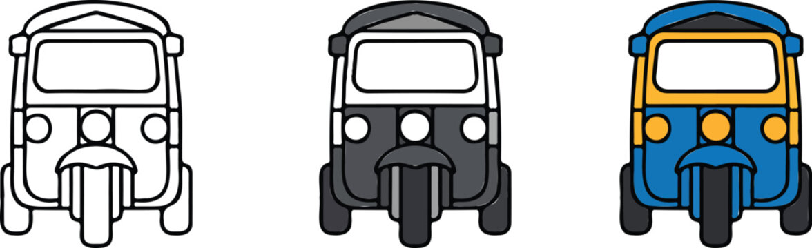 Minimalist tuk tuk vehicle illustration set showing line art, gray, and blue yellow auto rickshaw icons arranged horizontally