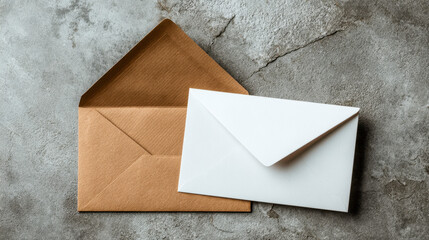 Two envelopes one brown and one white placed on a rough textured concrete surface representing communication and correspondence concepts with natural lighting