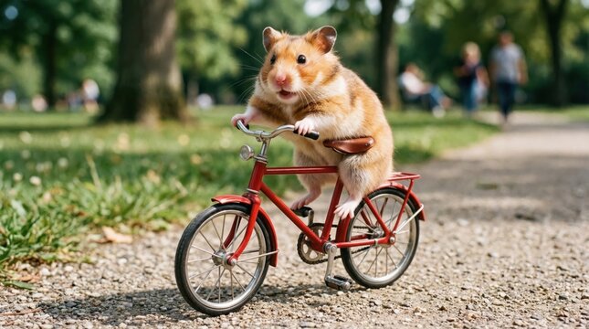 A charming capture showcases a fluffy, golden Syrian Hamster pedaling a miniature red bicycle on a gravel path in a park, creating a whimsical and heartwarming scene of animal antics and outdoor fun.