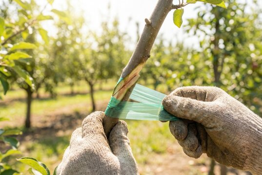 Gardener hands wearing heavy gloves wrapping green plastic tape around a freshly grafted fruit tree branch