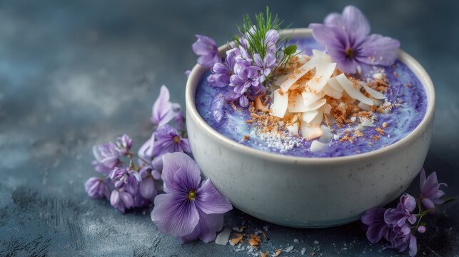 Purple ube halaya jam bowl with coconut flakes and edible flowers